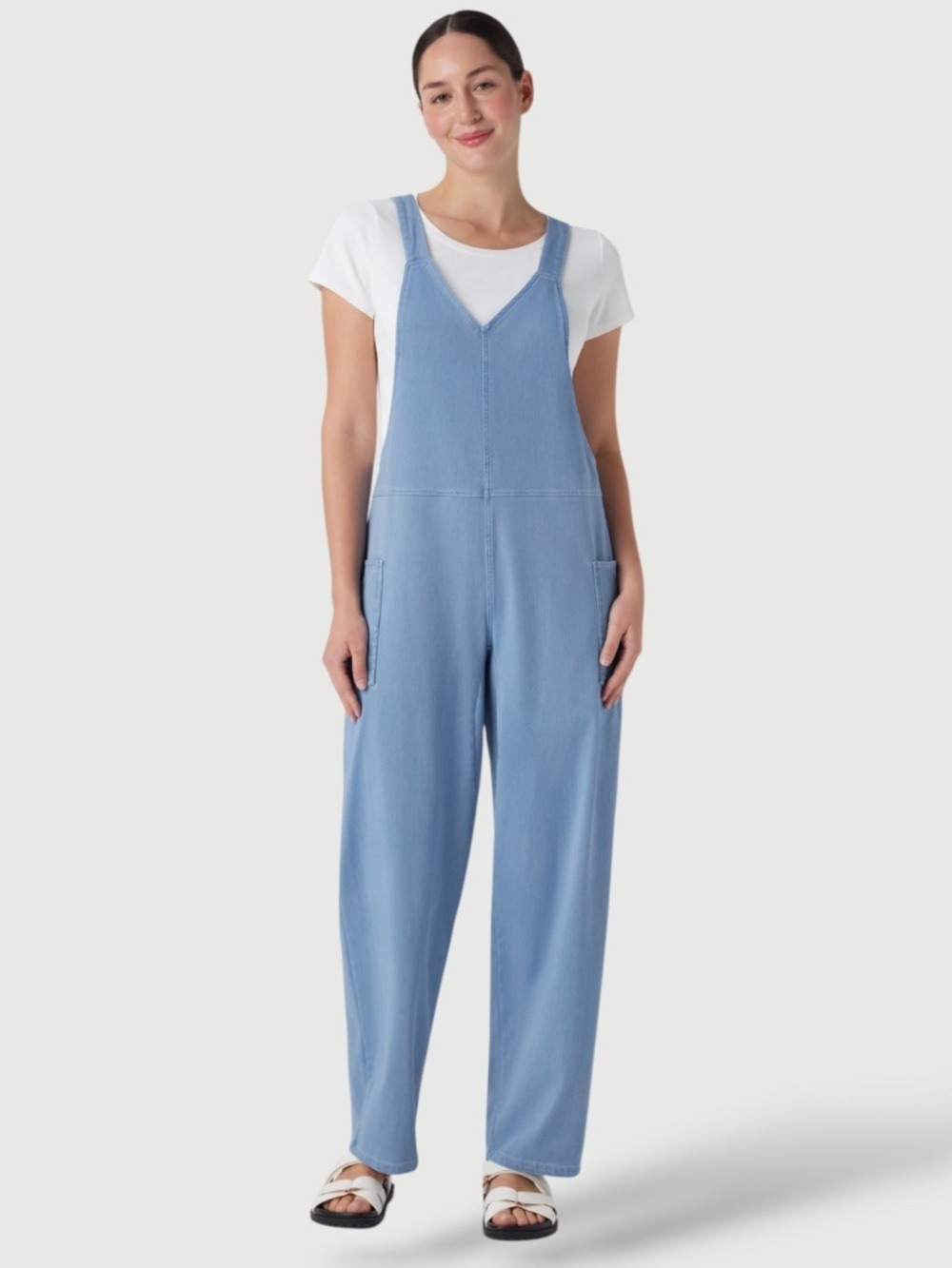 HALARA Flex™ V Neck Pocket Washed Denim Casual Overalls Cotton Blend Sz XL Reg